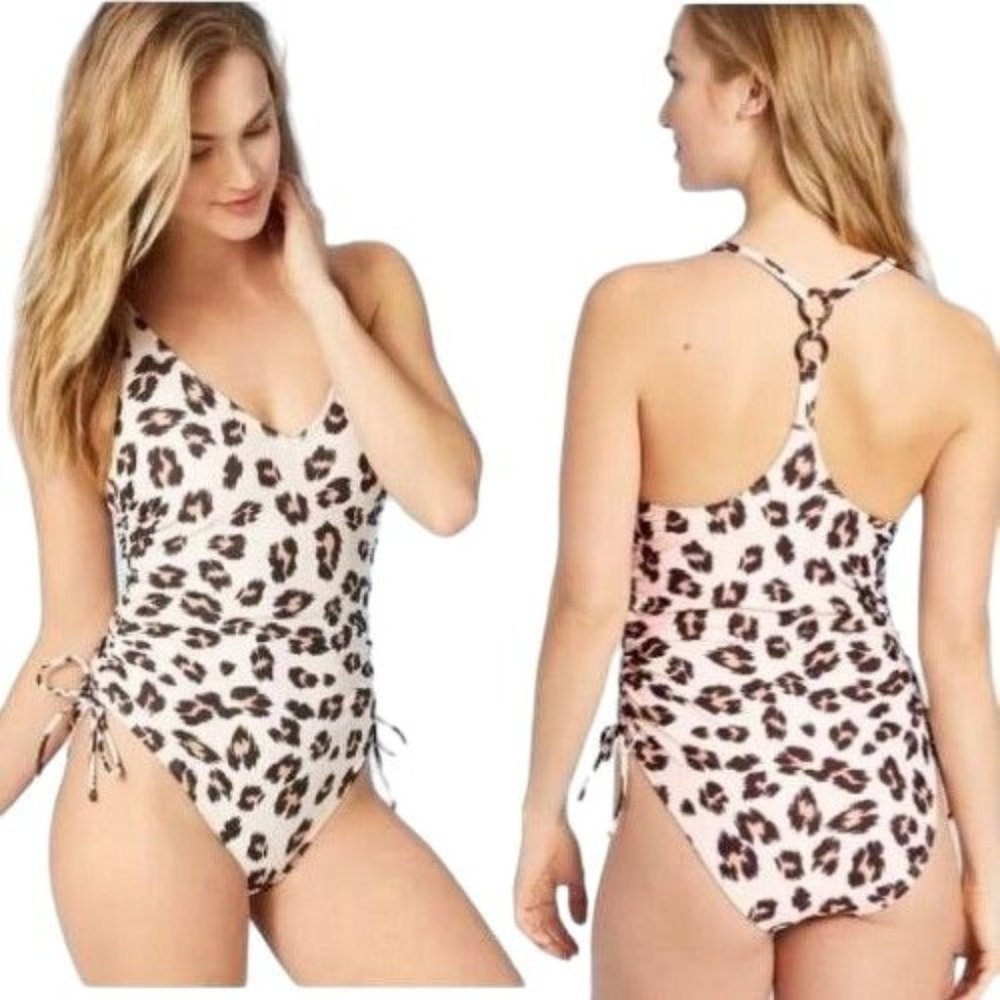 Kona Sol Leopard One Piece Swimsuit Size Small Medium Tortoise Ring Side Cinch